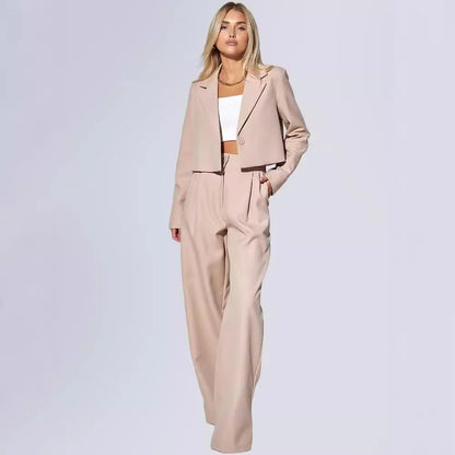Women's Cropped Blazer Wide Leg Pants 2 Piece Set