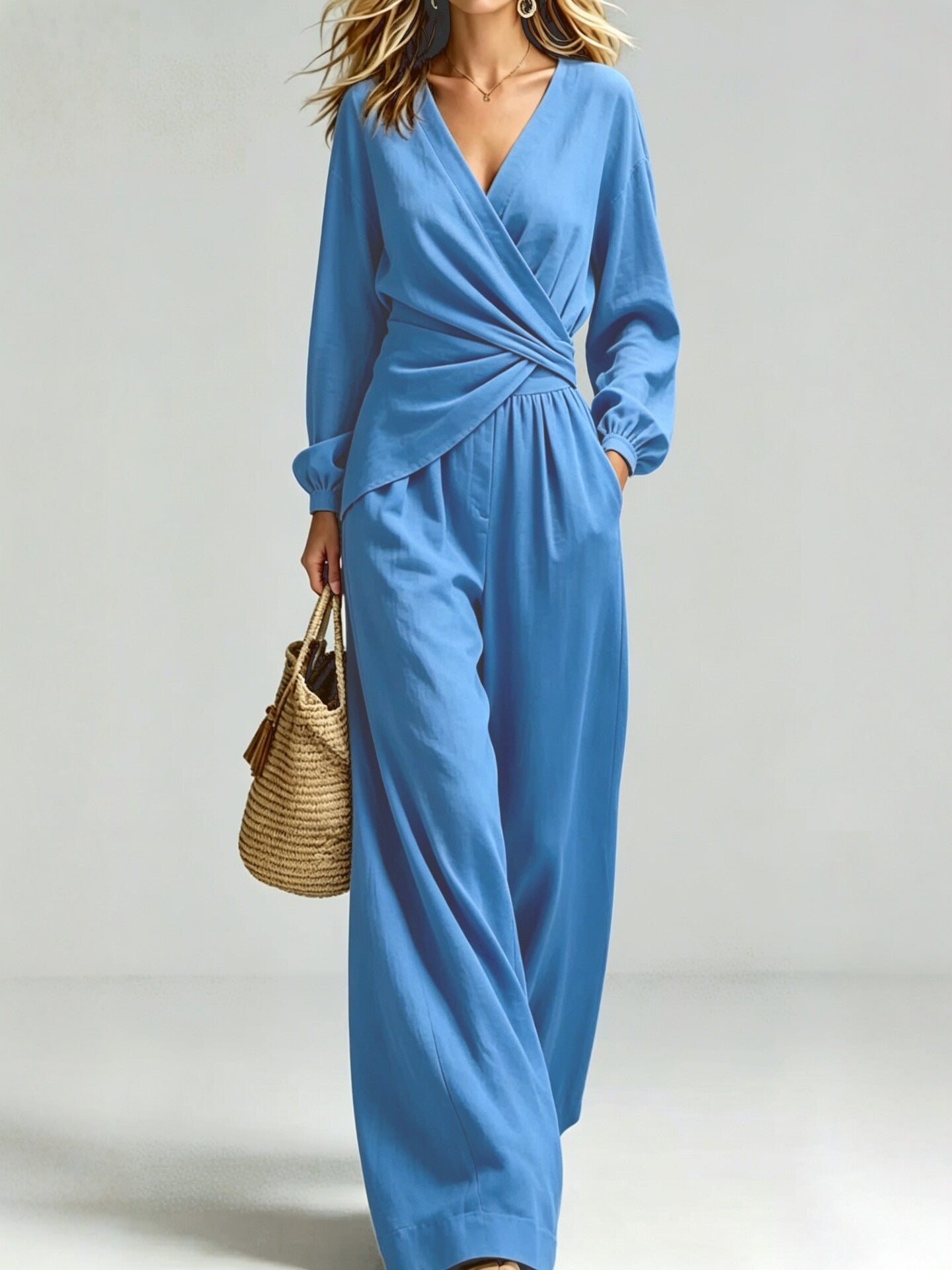 V Neck Wrap Top Wide Leg Pants Two Piece Set