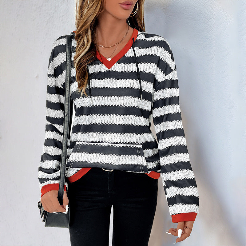 Women's Black and White Striped Pullover Hooded Casual Versatile Sweater