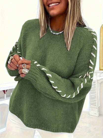 Women's Oversized Crew Neck Sweater Contrast Stitch Pullover