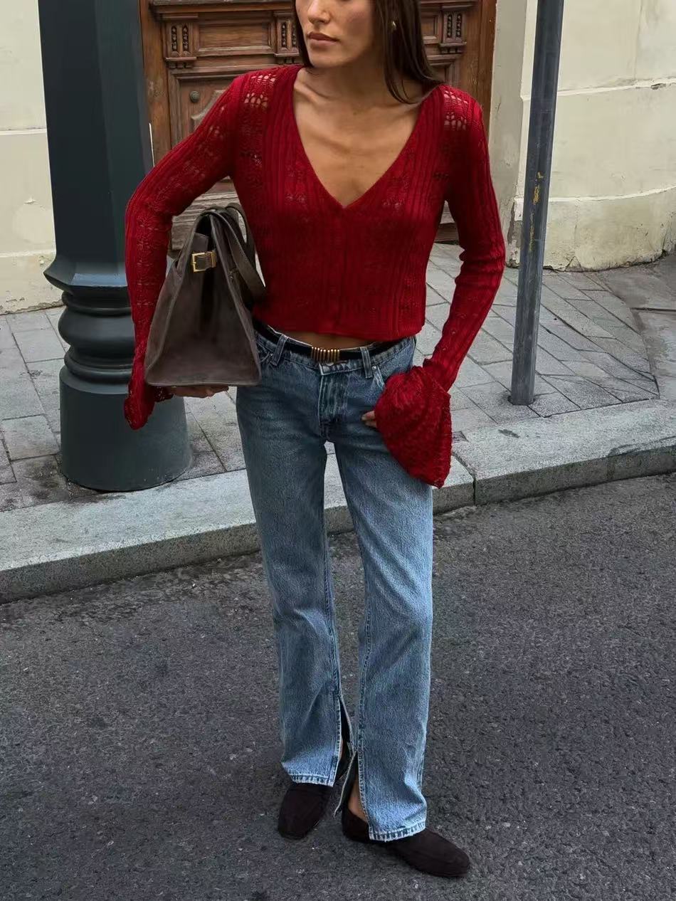 Women's Crochet Crop Cardigan V-Neck Bell Sleeve Top