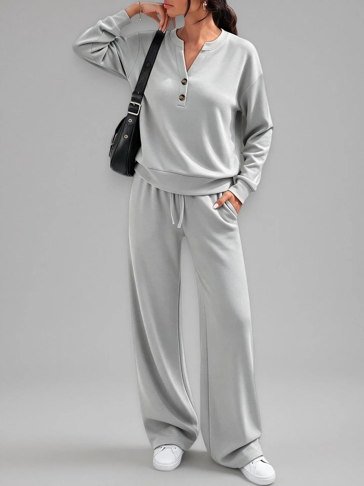 Women's Matching Lounge Set Henley Top Wide Leg Pants