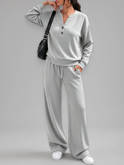 Women's Matching Lounge Set Henley Top Wide Leg Pants