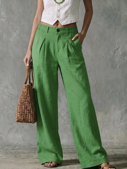 Women's Pleated Linen Blend High Waist Wide Leg Pants