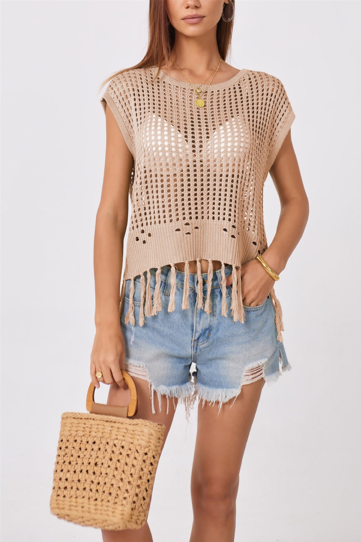 Women's Oversized Crochet Fringe Tank Top Boho Summer