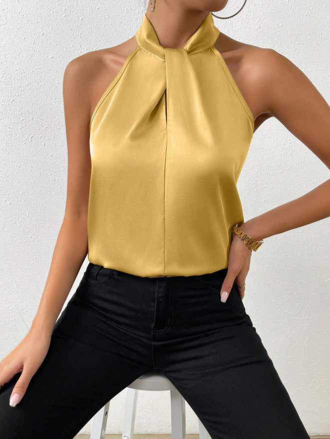 Women Satin Halter Top Sleeveless Elegant Blouse