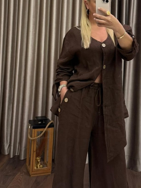 Women's Linen Two Piece Cardigan Wide Leg Pants Set