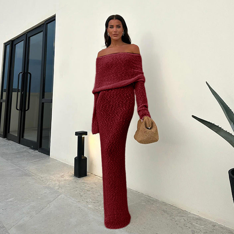 Sexy Off Shoulder Knit Maxi Dress Backless Long Sleeve