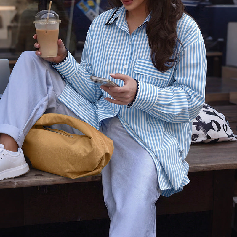Blue Striped Oversized Button Down Shirt Long Sleeve