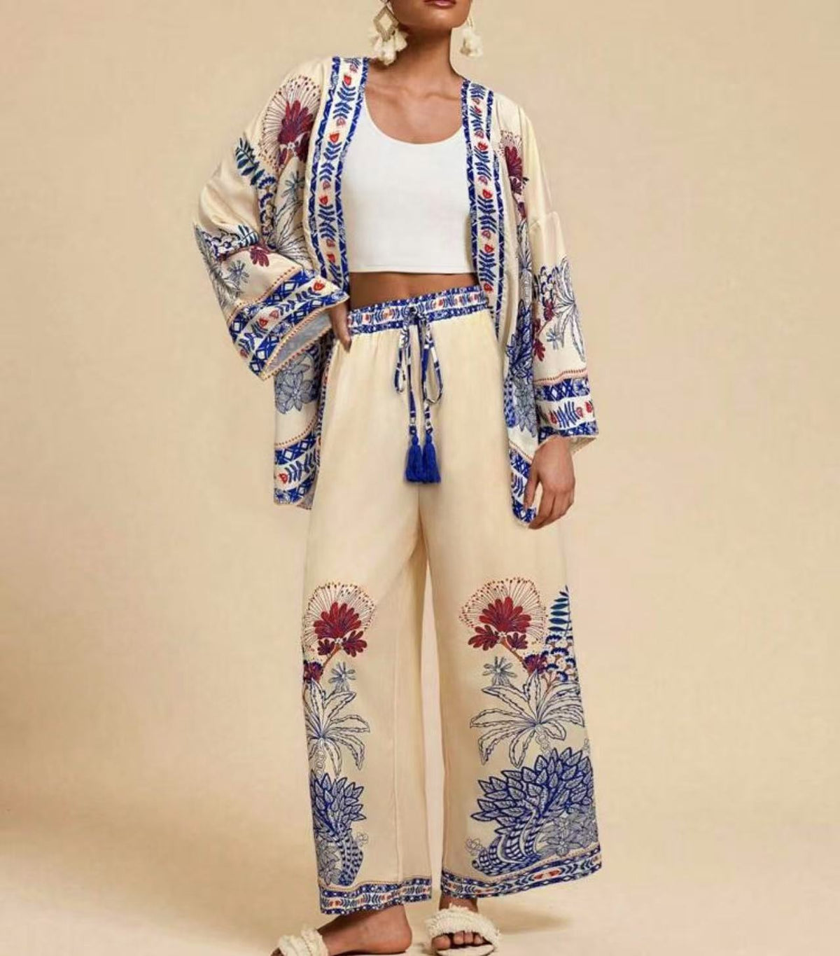 Women's Boho Kimono Cardigan Wide Leg Pants Matching Set