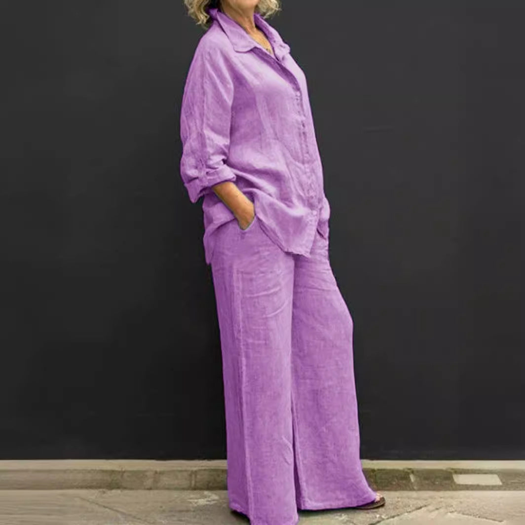 Women's Cotton Linen Shirt & Wide Leg Pants Matching Set