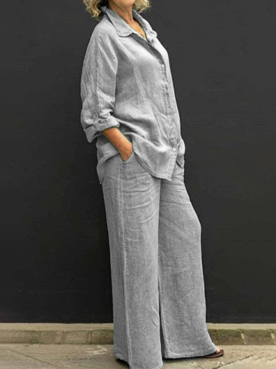 Women's Cotton Linen Shirt & Wide Leg Pants Matching Set