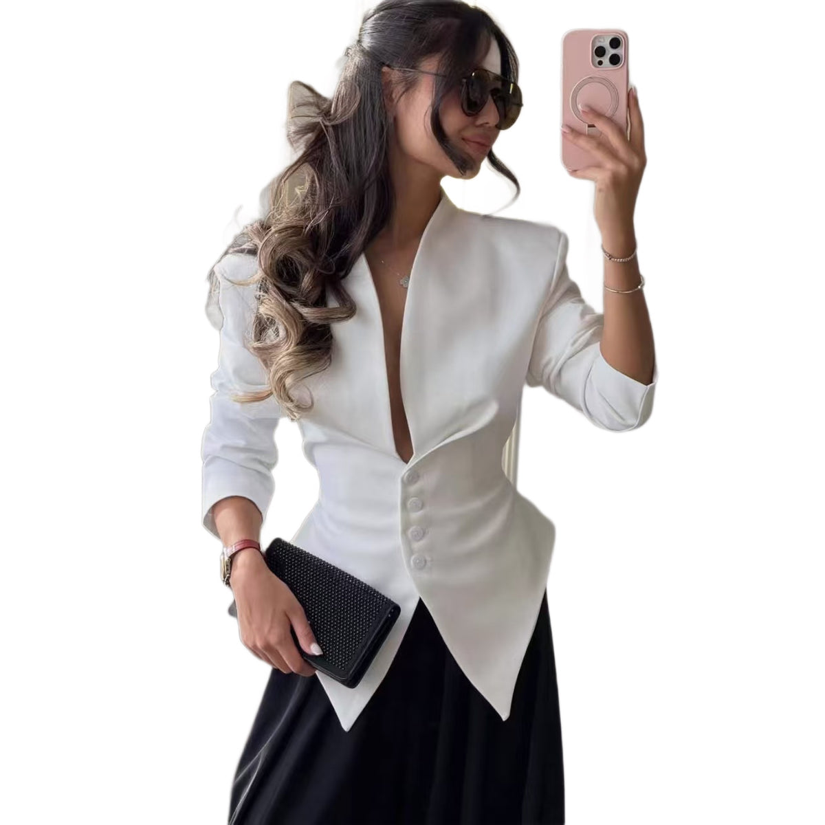 Women's V-Neck Cinched Waist Fitted Blazer Jacket