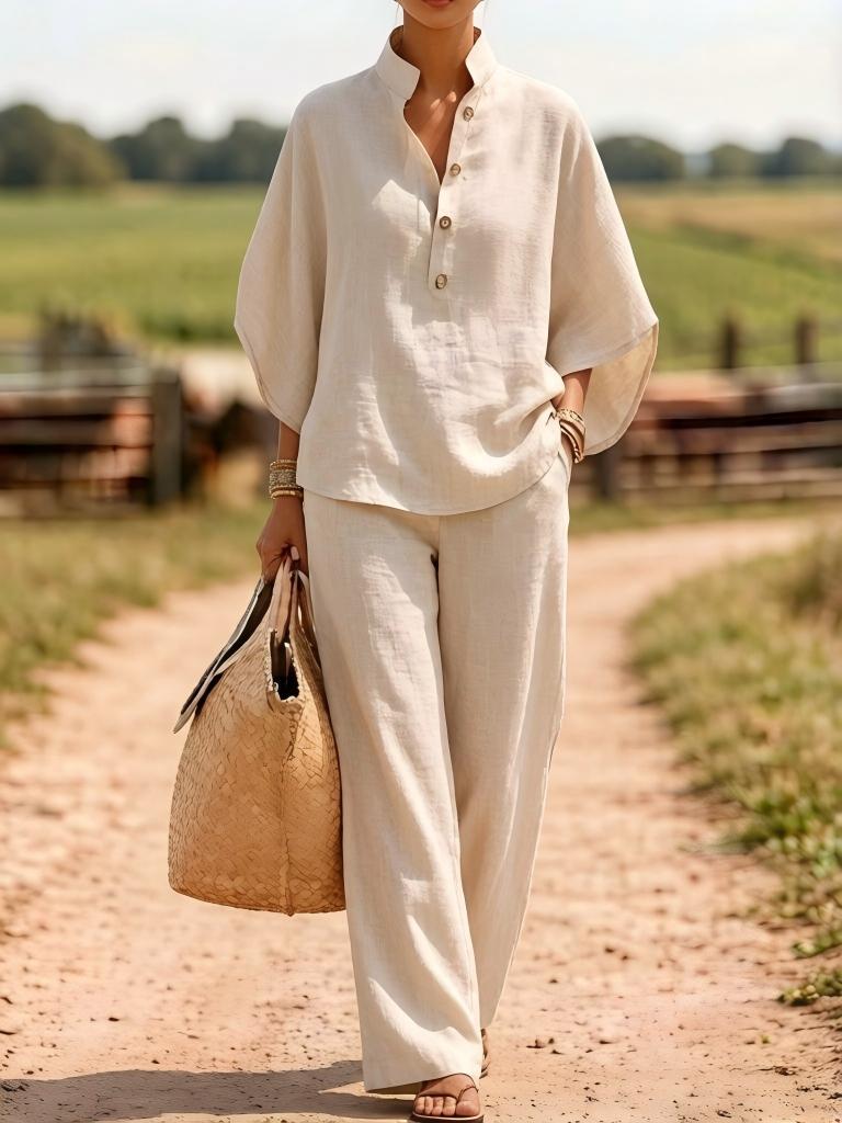 Linen Button Front Top Wide Leg Pants Matching Set