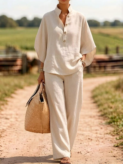 Linen Button Front Top Wide Leg Pants Matching Set