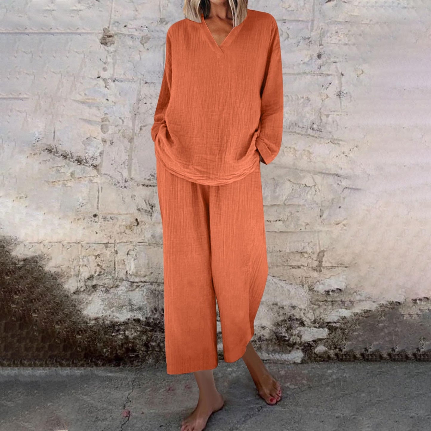 Women's Solid V Neck Wide Leg Pants Casual Two Piece Set