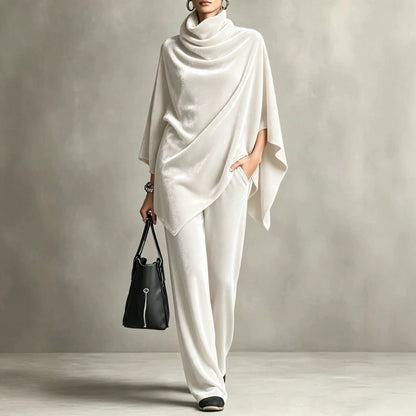 Women's Velvet Cowl Neck Poncho Wide Leg Pants Set