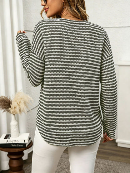 Striped waffle knit tunic top relaxed curved hem