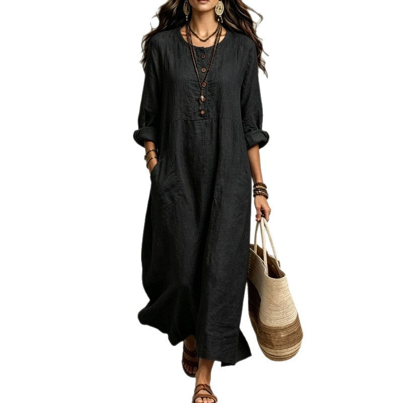 Women's Cotton Linen Maxi Dress Long Sleeve with Pockets