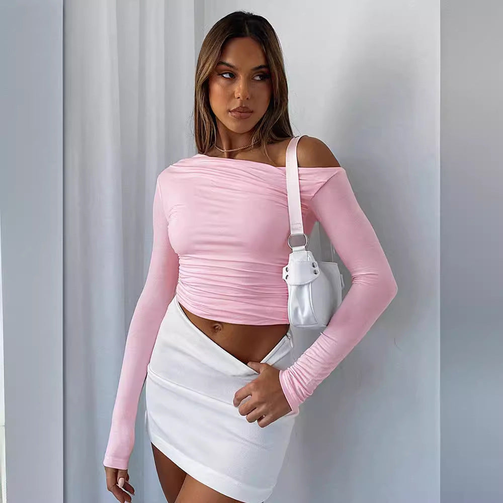 Sexy One Shoulder Ruched Long Sleeve Crop Top