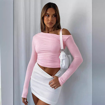 Sexy One Shoulder Ruched Long Sleeve Crop Top