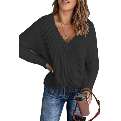 Women's Oversized V-Neck Frayed Hem Knit Sweater