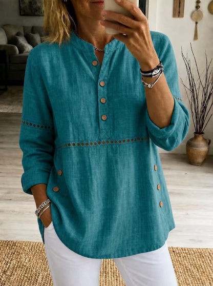 Women Cotton Eyelet Tunic Long Sleeve Side Button Loose Top
