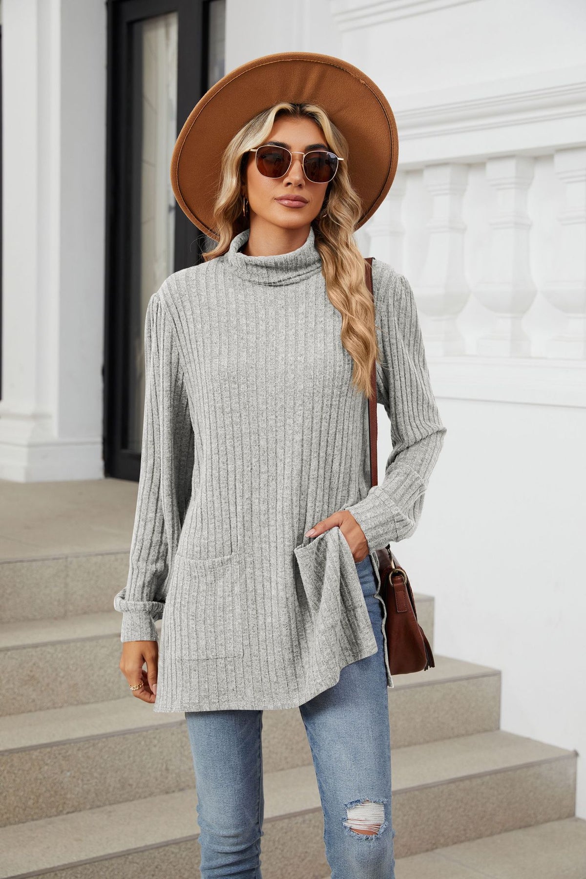 Women's Ribbed Mock Neck Long Sleeve Tunic with Pockets