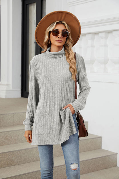 Women's Ribbed Mock Neck Long Sleeve Tunic with Pockets