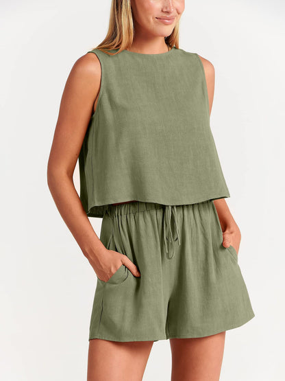 Sleeveless Top and Drawstring Shorts Two Piece Set