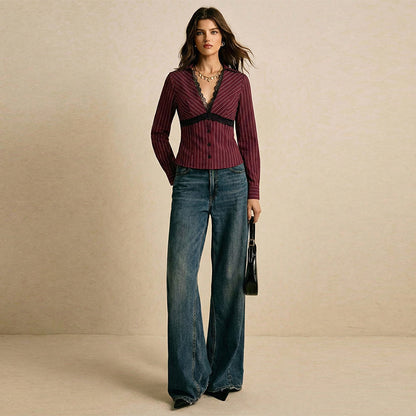 Women's Lace Trim Striped Fitted Long Sleeve Blouse