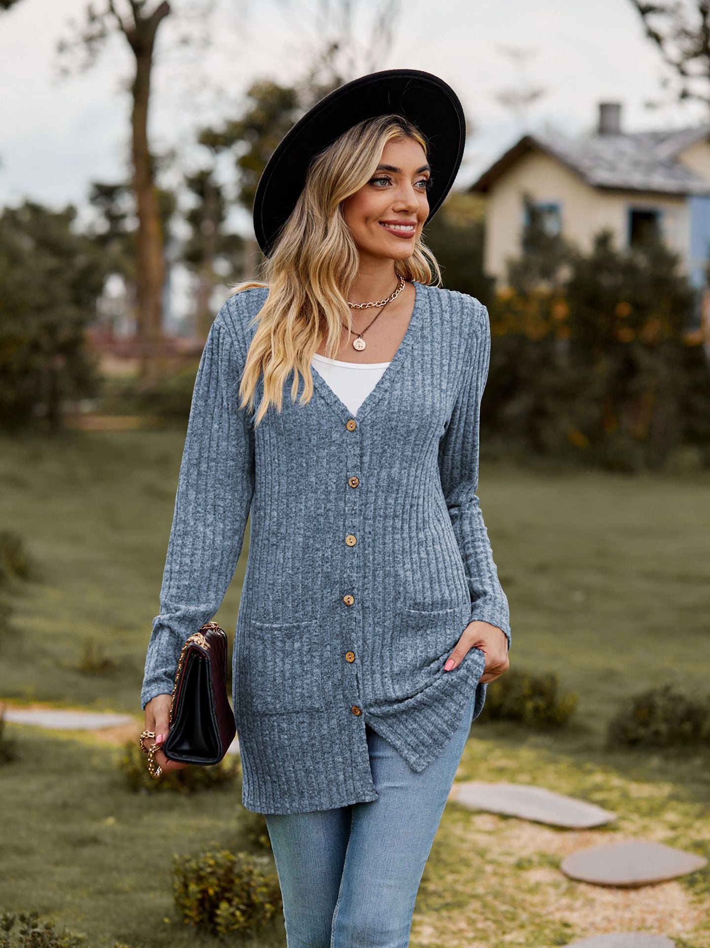 Ribbed Knit Cardigan Long Sleeve Button Pocket Sweater