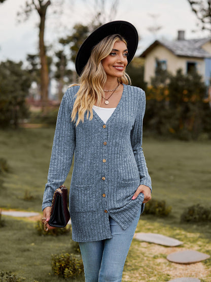 Ribbed Knit Cardigan Long Sleeve Button Pocket Sweater