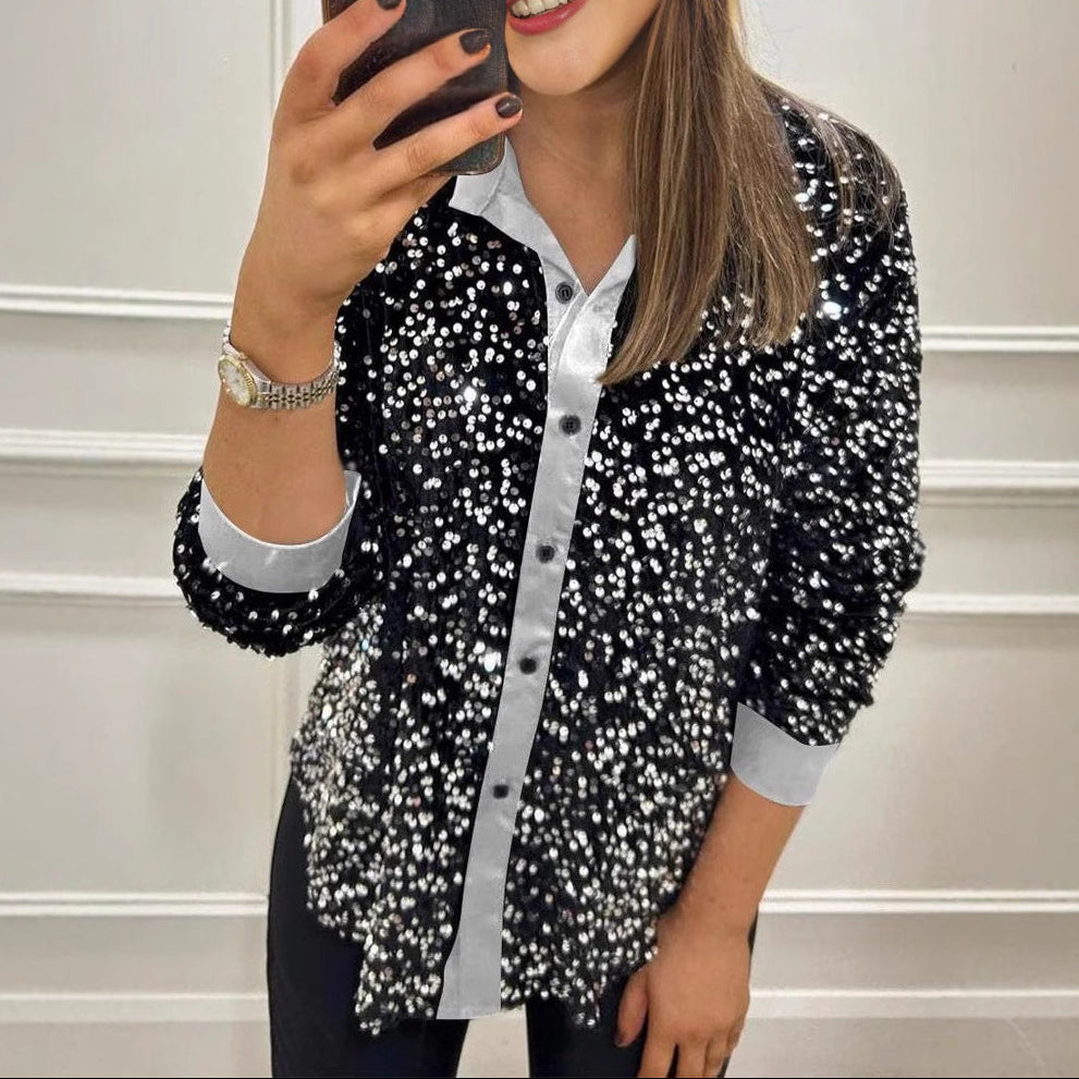 Sequin Button Down Shirt Long Sleeve Loose Casual Top