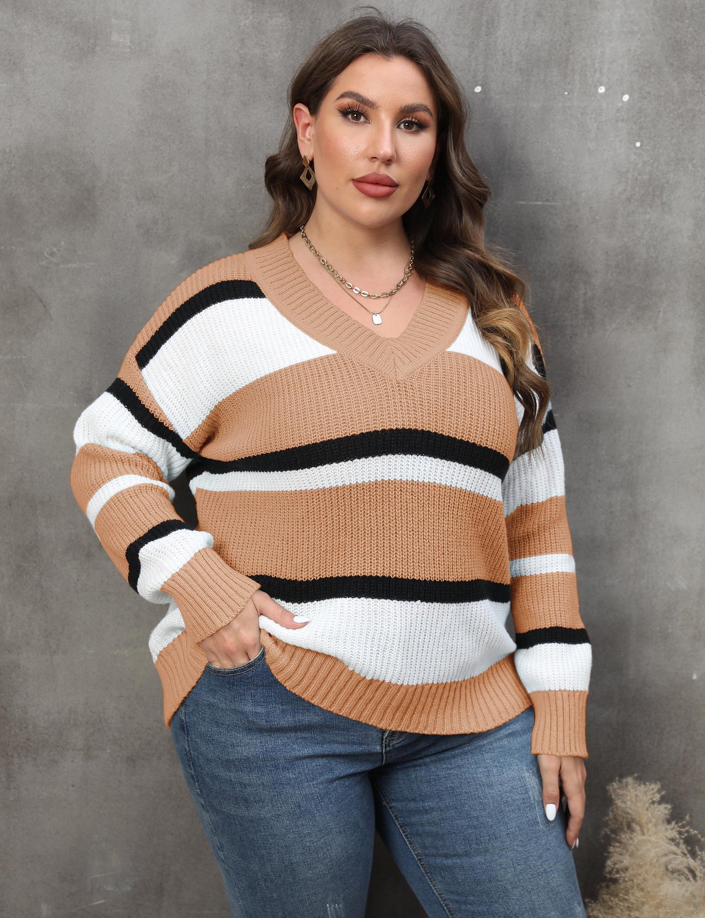 Women's Sweater V-neck Contrasting Color Splicing Loose Pullover Sweater