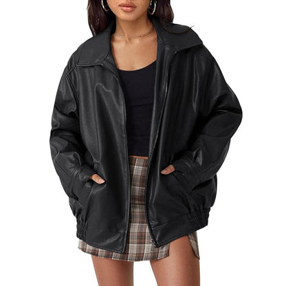 Women's Oversized Faux Leather Moto Jacket Zip Up