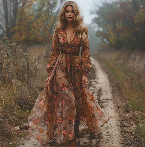 Boho Floral Long Sleeve V Neck Maxi Dress