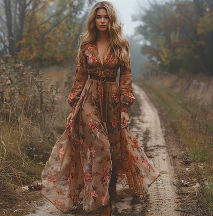 Boho Floral Long Sleeve V Neck Maxi Dress