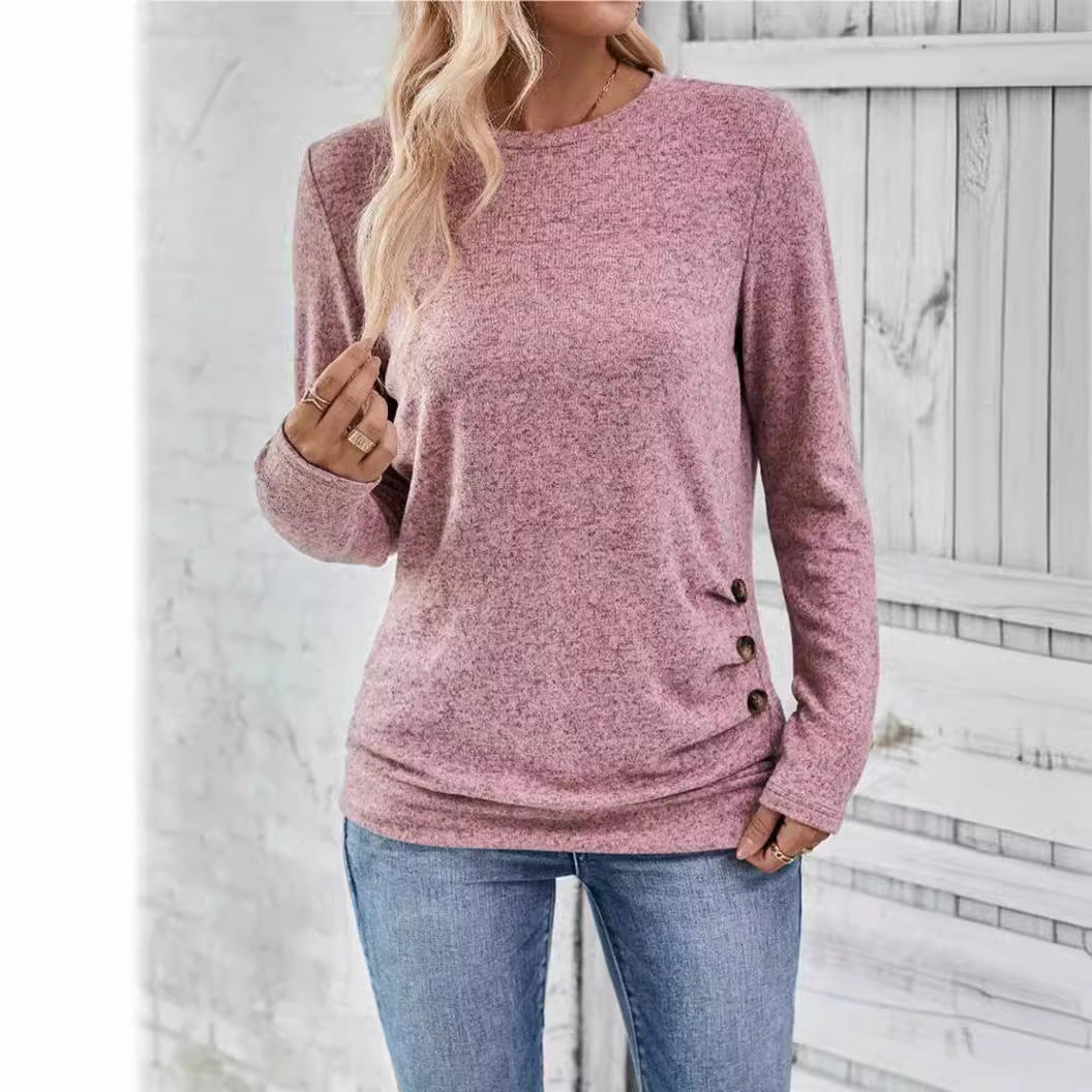 Women's Long Sleeve Crew Neck Side Button Casual Top