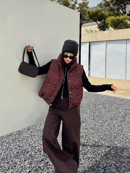 Women's Leopard Print Cropped Puffer Vest Streetwear
