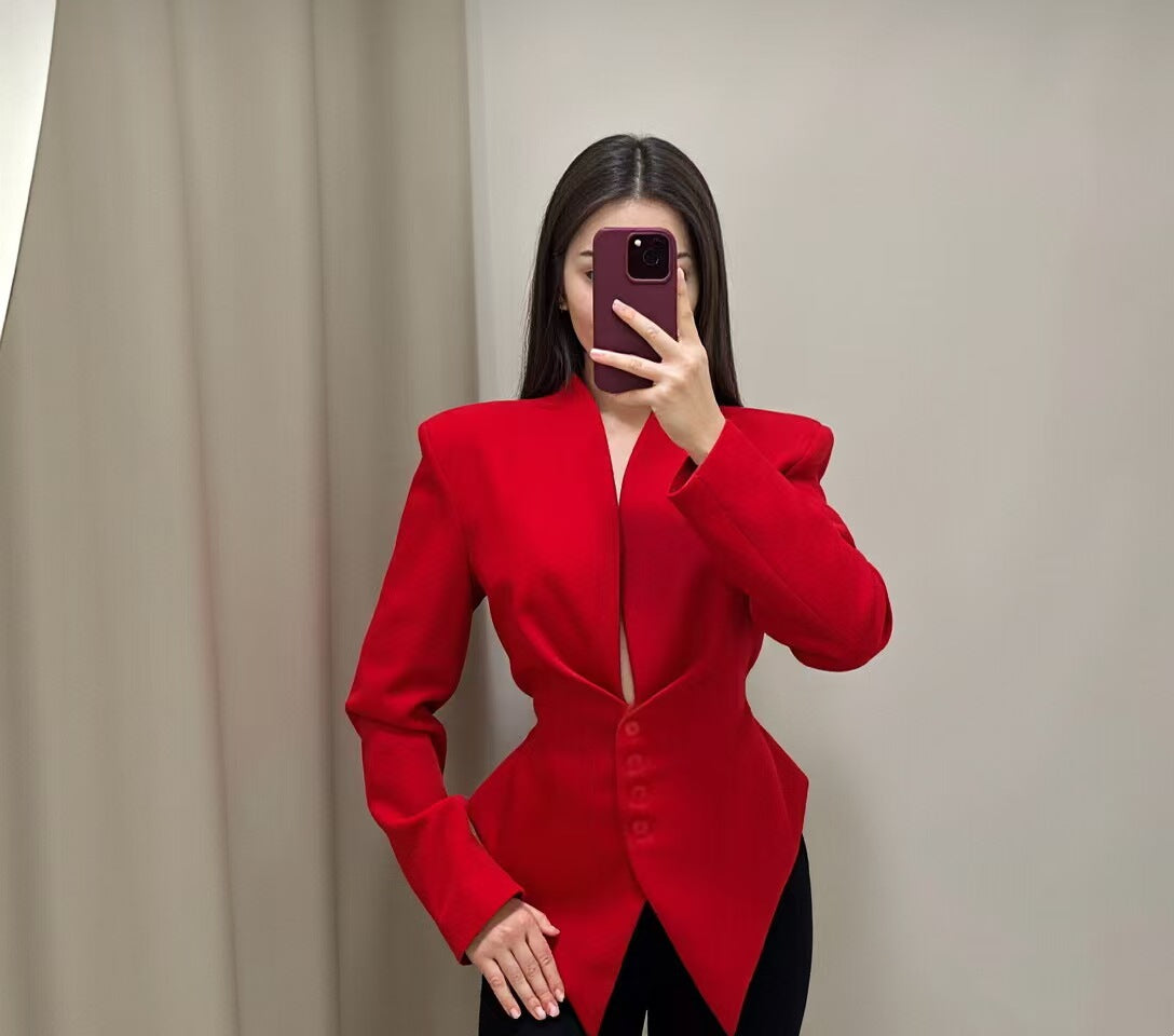 Women's V-Neck Cinched Waist Blazer Asymmetric Hem