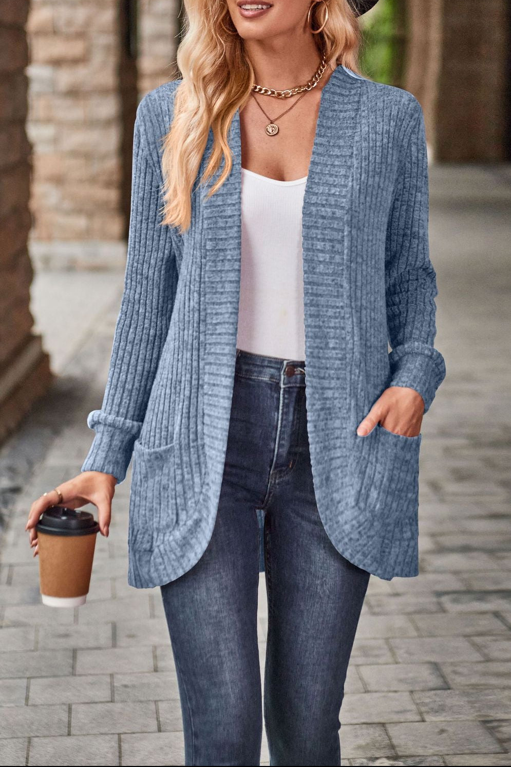 Women's Ribbed Open Front Cardigan with Pockets