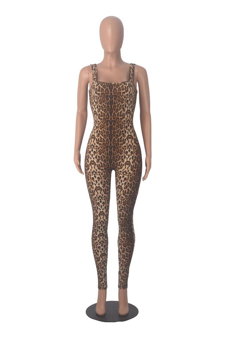 Women's Animal Print Square Neck Backless Bodycon Jumpsuit