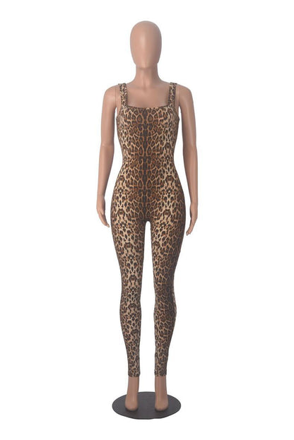 Women's Animal Print Square Neck Backless Bodycon Jumpsuit