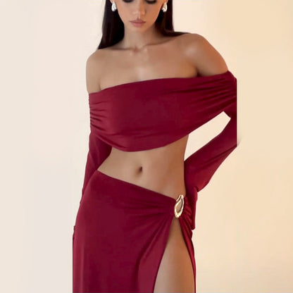 Sexy Off Shoulder Crop Top & High Slit Maxi Skirt Set