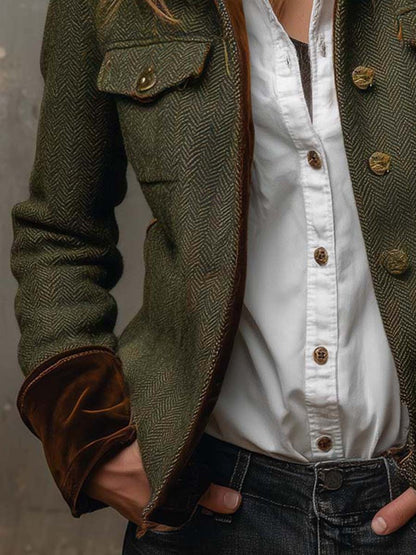 Women Herringbone Tweed Blazer Velvet Trim Vintage Jacket