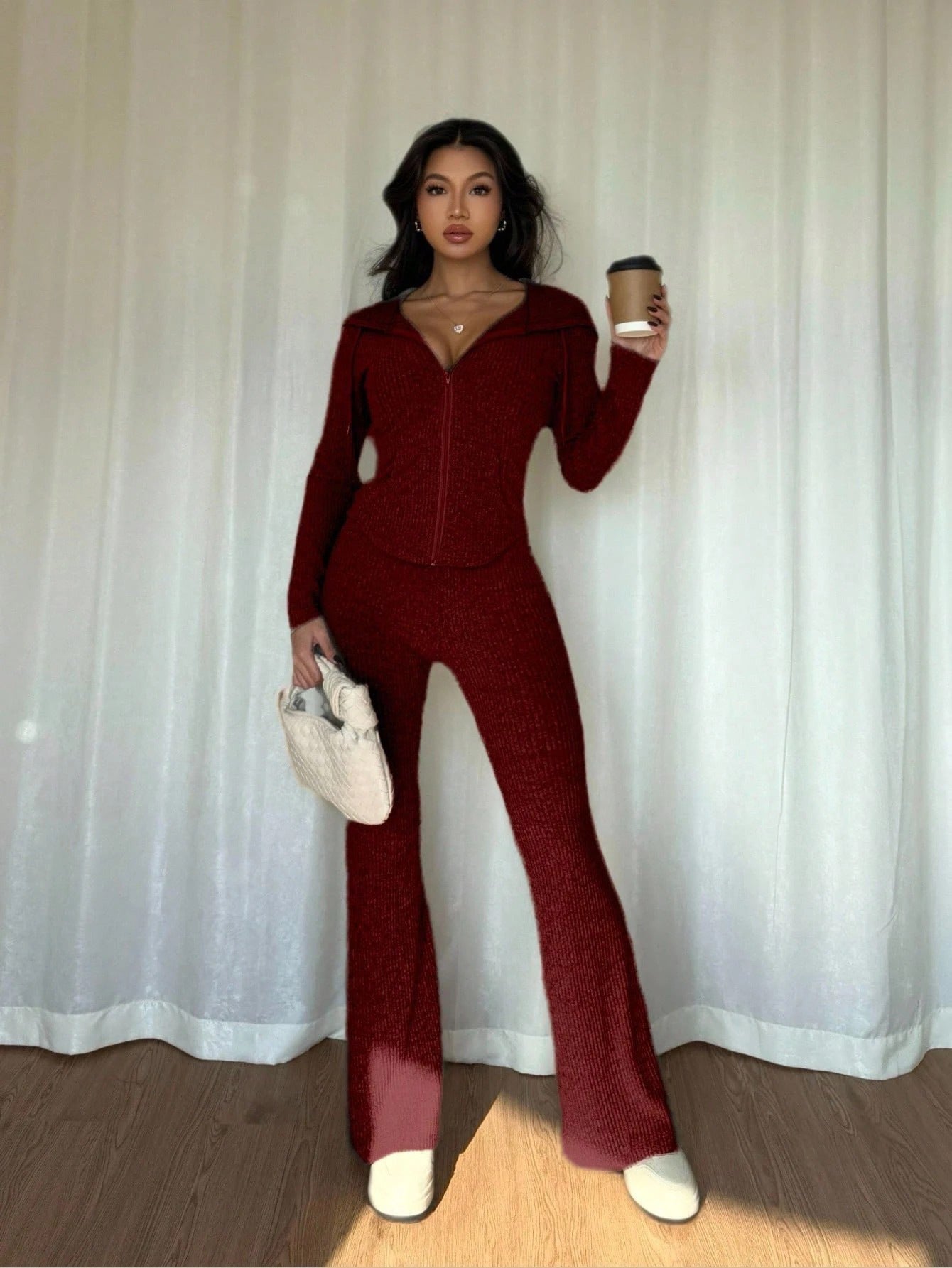 Women's Ribbed Half Zip Knit Top and Pants Matching Set
