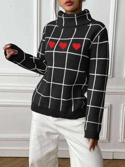 Women's Machine-woven Shirt Bottoming Shirt Contrasting Color Plaid Love Sticker Turtleneck Sweater