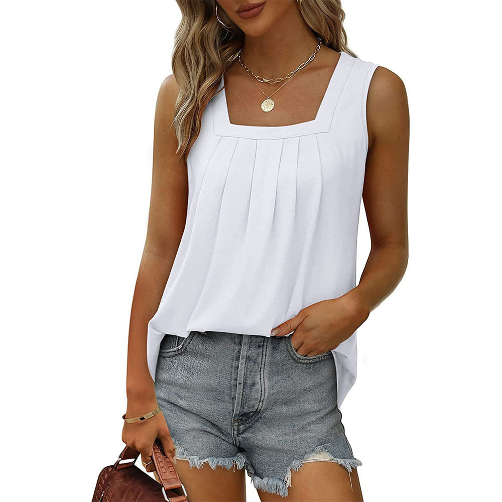 Orange Square Neck Pleated Sleeveless Flowy Tank Top