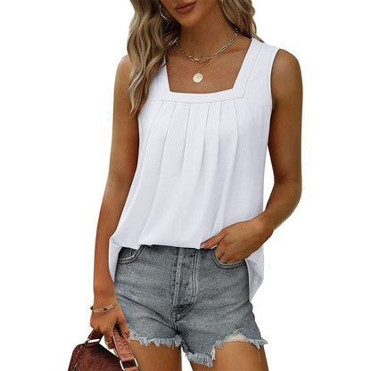Orange Square Neck Pleated Sleeveless Flowy Tank Top